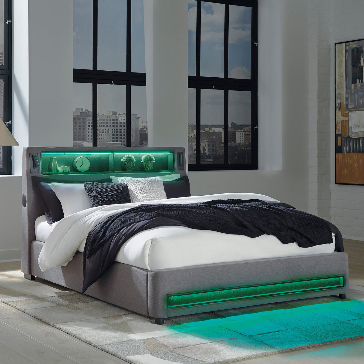 Finigale Queen Upholstered Bed with Wireless Audio